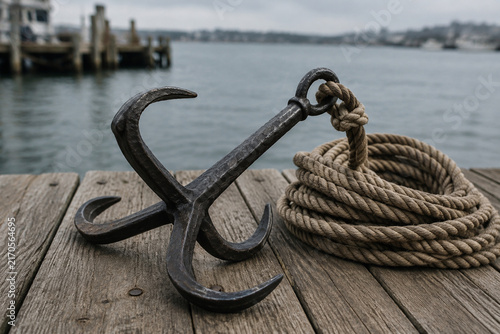 Forged iron grappling hook on dock planks with coiled rope, maritime equipment and harbor life concept