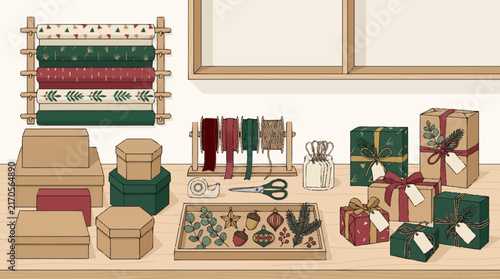 Christmas gift wrapping station with boxes and paper rolls