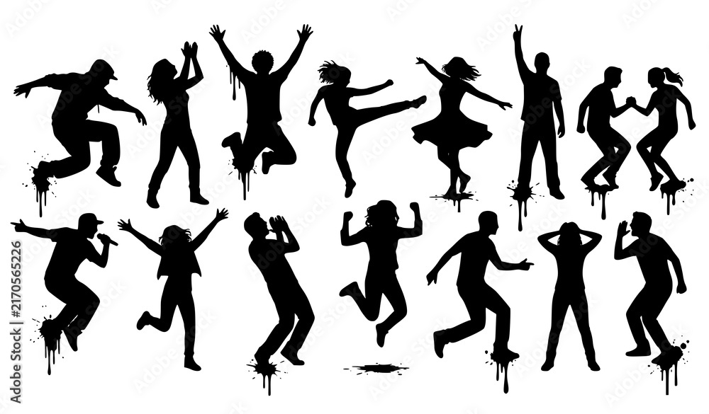 Obraz premium Urban Celebration Crowd Silhouettes with Paint Drips Dancing Youth Group and Energetic Party Poses