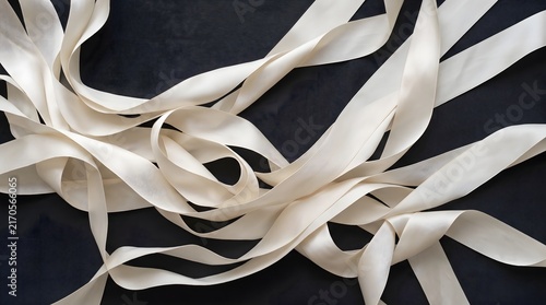 White cream ribbons tangled dark background flat lay