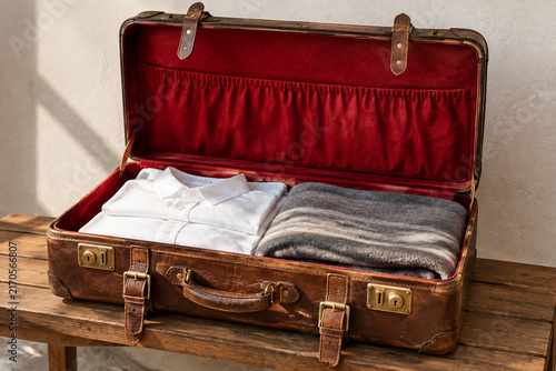 Open vintage leather suitcase with folded shirts and blanket, travel and nostalgia concept
