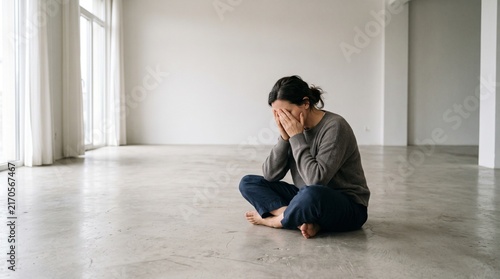 Horizontal photo of a sad young woman sitting cross-legged on the floor in an empty room with her face in her hands