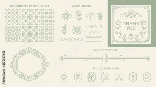 Elegant Decorative Line Art Elements: Patterns, Frames, and Branding Assets