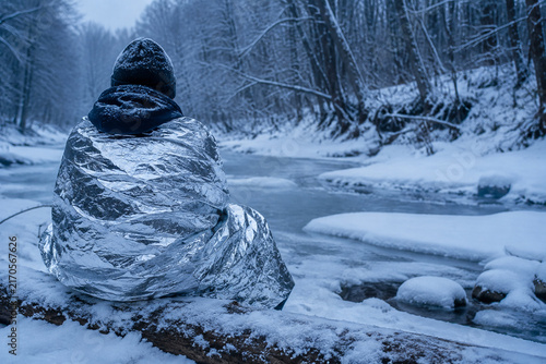 Person in emergency blanket sitting on snowy log by frozen stream, hypothermia and winter survival concept