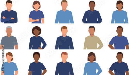 Diverse group of professional people in blue uniforms standing together in a grid collection of avatars