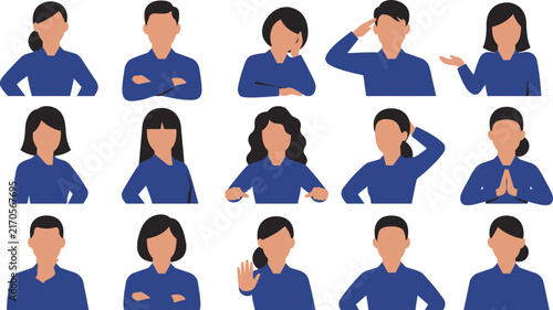 Set of diverse professional people in blue uniforms showing various gestures and facial expressions on white background