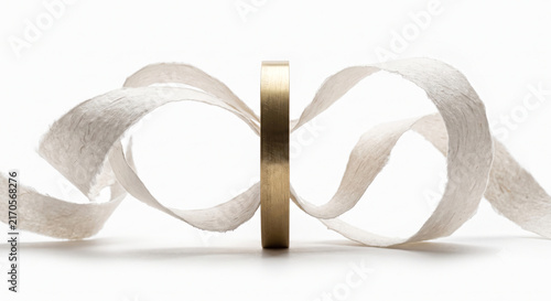 Top-down view of textured handmade Hanji paper ribbon and brass seal on white background