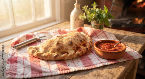 A warm, sun-drenched photograph of a homemade calzone resting on a checkered kitchen towel next to a small terracotta bowl of warm marinara dipping sauce.