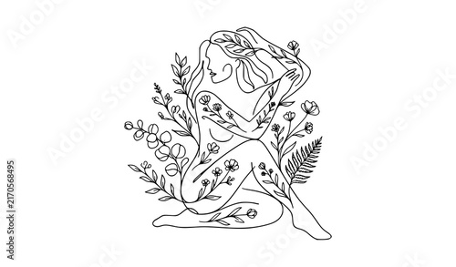Minimalist Continuous Line Art Woman Silhouette Intertwined with Botanical Flowers and Leaves for Wellness, Beauty, Tattoo, and Boho Elegant Graphic Designs