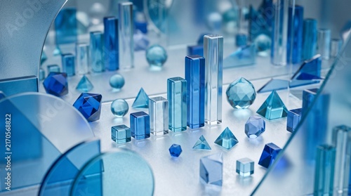 Abstract 3D rendering of glass geometric shapes arranged as a growth bar chart representing data analysis business strategy or financial progress concept with soft blue lighting and reflecti