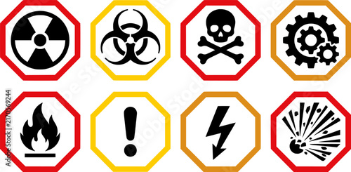 Industrial hazard warning signs set, 8 safety icons in octagonal frames, toxic and radioactive caution symbols for workplace security