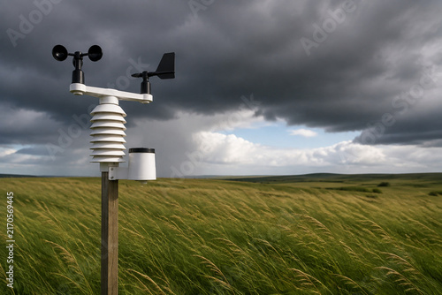 Weather station in meadow with storm clouds, weather forecast concept