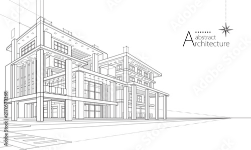 Abstract outline drawing of imaginative urban architectural building design and construction.
