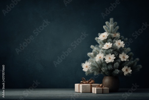 Christmas Tree with Floral Christmas Decoration and gift boxes in interior. Christmas and New Year Background, copy sace