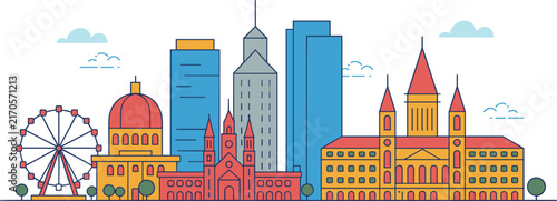 Melbourne Australia city skyline panorama banner vector illustration, minimal flat line art architecture design for travel brochure