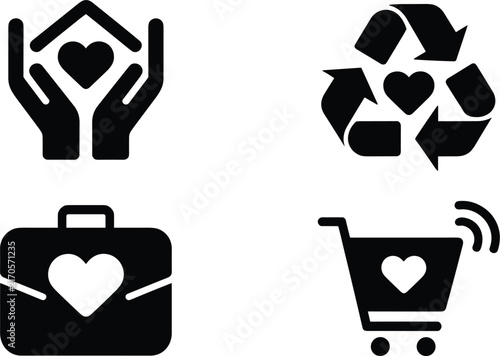 Heart icon set for eco recycle shopping house and briefcase business vector concept, care love line symbol