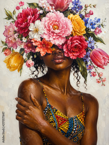 Elegant woman wearing a colorful floral headpiece and patterned dress in a fine art portrait