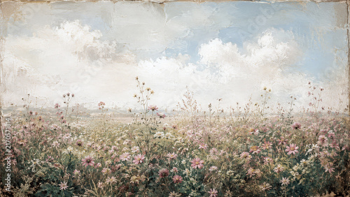 Dreamy wildflower meadow stretching toward the horizon beneath a soft cloudy sky