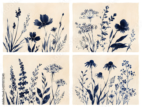 Four watercolor paintings of various indigo blue wildflowers and green grasses on textured off-white paper arranged in a grid.
