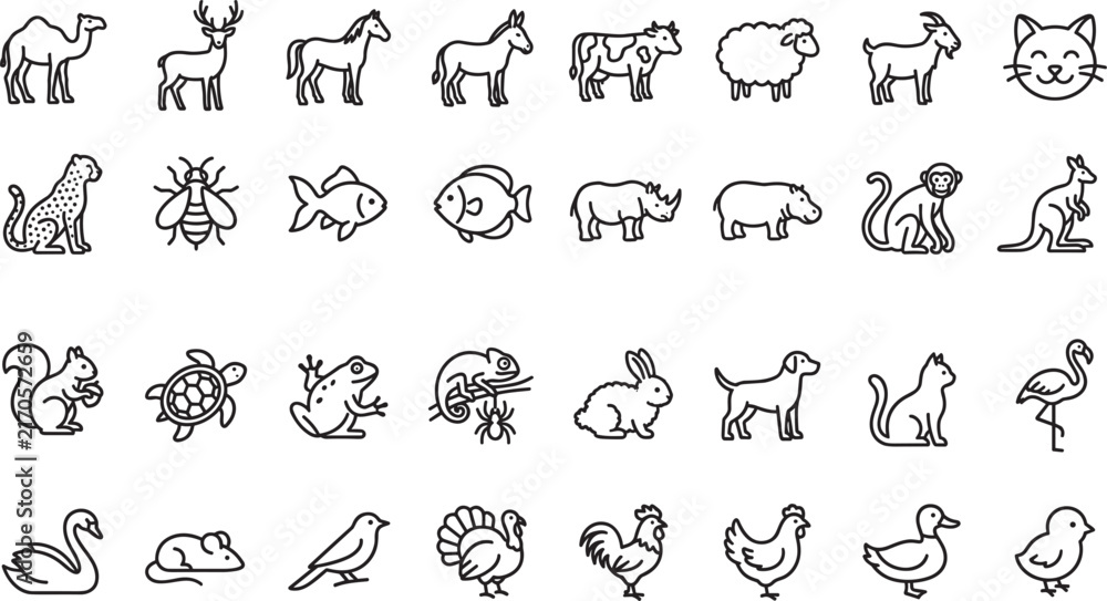 Obraz premium Assorted wildlife and domestic animal line icon set collection for web app ui vector illustration