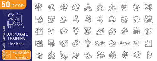 Corporate Training Icons Set Representing Employee Development, Team Learning, Professional Skills, Workshops, Education, Coaching and Workplace Training. Editable Stroke. 