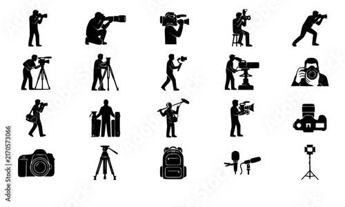Black photographer and video camera operator silhouette icon set featuring tripod filming photography studio and media production poses