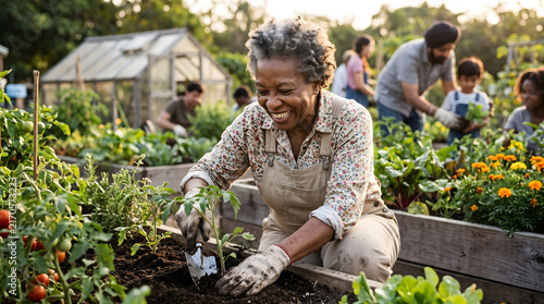 Happy Senior Black Woman Planting Seedling in Community Garden