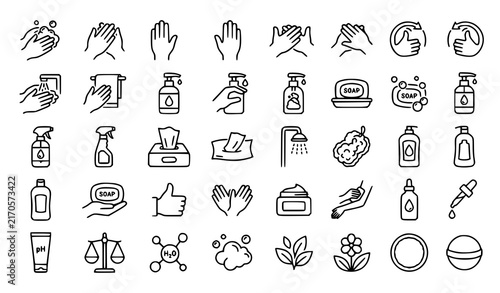 Hygiene and Handwashing Icon Set with Soap Dispenser, Hand Sanitizer, Rubbing, Drying, Showering, and Cosmetic Skincare Symbols for Healthcare and Cleanliness Designs