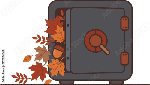 Flat vector icon of a corporate office safe slightly ajar spilling vibrant autumn maple leaves and an acorn on white background
