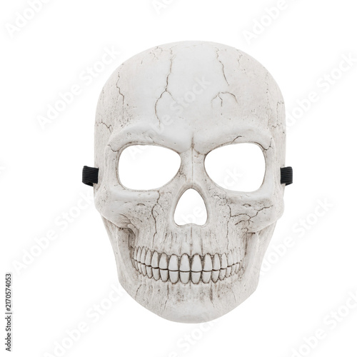 Bild auf Leinwand White cracked plastic skull mask with black elastic strap, featuring empty eye s