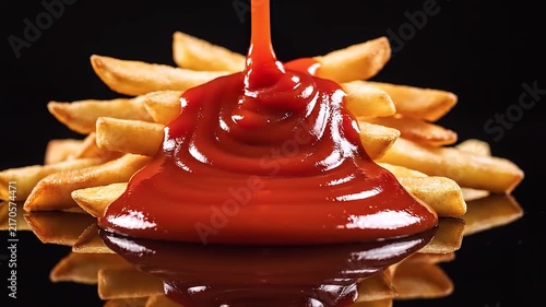 French Fries with Ketchup: Delicious golden french fries are stacked high and generously drizzled with rich, red ketchup. A mouthwatering close-up shot highlighting a classic comfort food pairing.