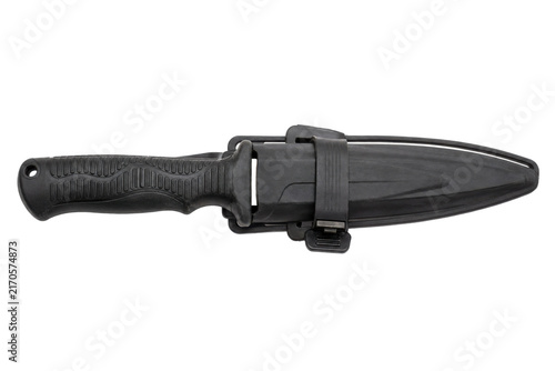Obraz na plátně Black tactical diving knife with a textured handle and a secure sheath is horizo