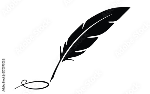 Feather quill pen icon vector black vintage writing instrument signature calligraphic retro author poetry symbol isolated flat design illustration