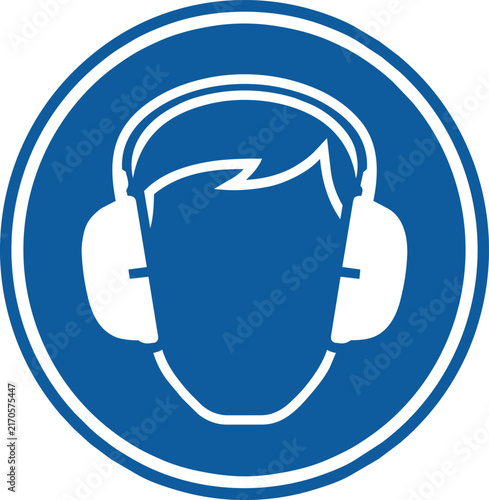 Blue safety circular vector illustration depicting person wearing protective earmuffs for noise reduction on transparent background