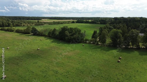 Landscape with green grass, trees and balls of hey
