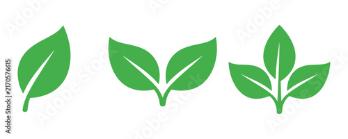 Set of green leaf icons representing nature, ecology, sustainability, and plant growth in flat vector style