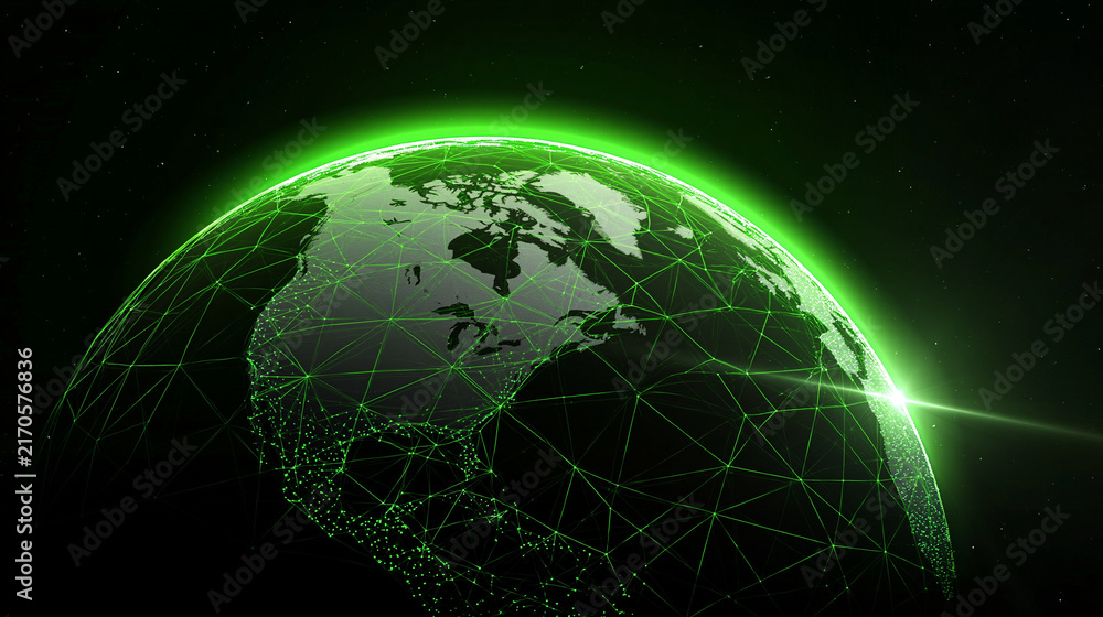 Fototapeta premium Green digital Earth focused on North America representing global connectivity climate intelligence sustainable technology international data networks and digital economy