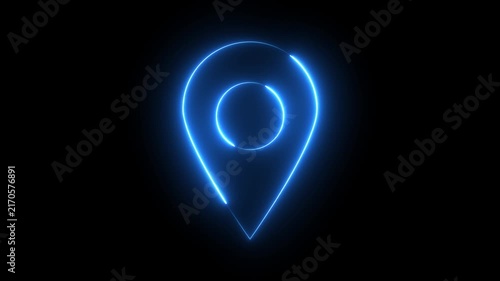 Neon location sign icon animation glowing blue color journey map travel direction tracking position search address place sign symbol on black background