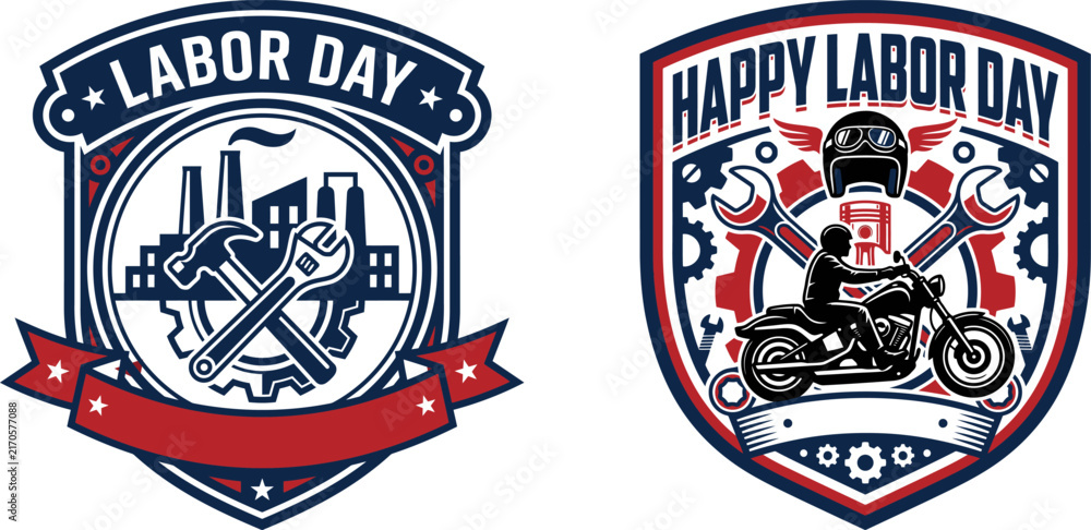 Fototapeta premium Set of labor day emblems with industrial factory and motorcycle rider symbols