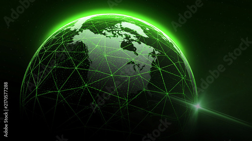 Green wireframe globe focused on Asia and the Pacific representing worldwide communication digital trade sustainable networks globalization and future technology