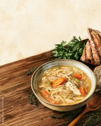 Inviting bowl of homemade chicken soup at a cozy farmhouse restaurant