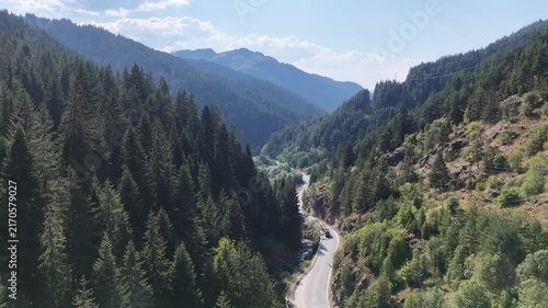 Timber Truck Transporting Logs on Mountain Road in Rhodope Forest Aerial