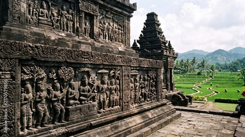 Ancient Stone Temple Reliefs Overlooking Lush Rice Terraces in the Indonesian Countryside