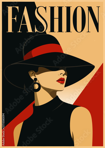_0100-32-Fashionable woman wearing a wide-brimmed hat with red ribbon and elegant earrings