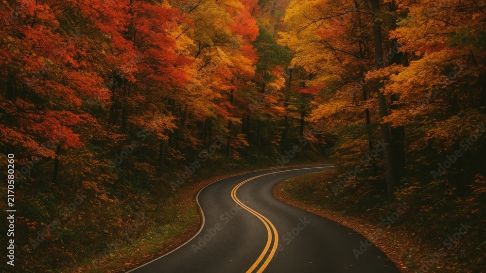Naklejka premium Serene autumn road through forest
