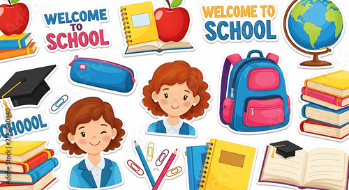 Set of colorful school supplies and student characters isolated on a white background