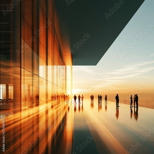 Business people discussing ideas in modern office building. Business professionals collaborating in a contemporary office setting with vibrant light streaks