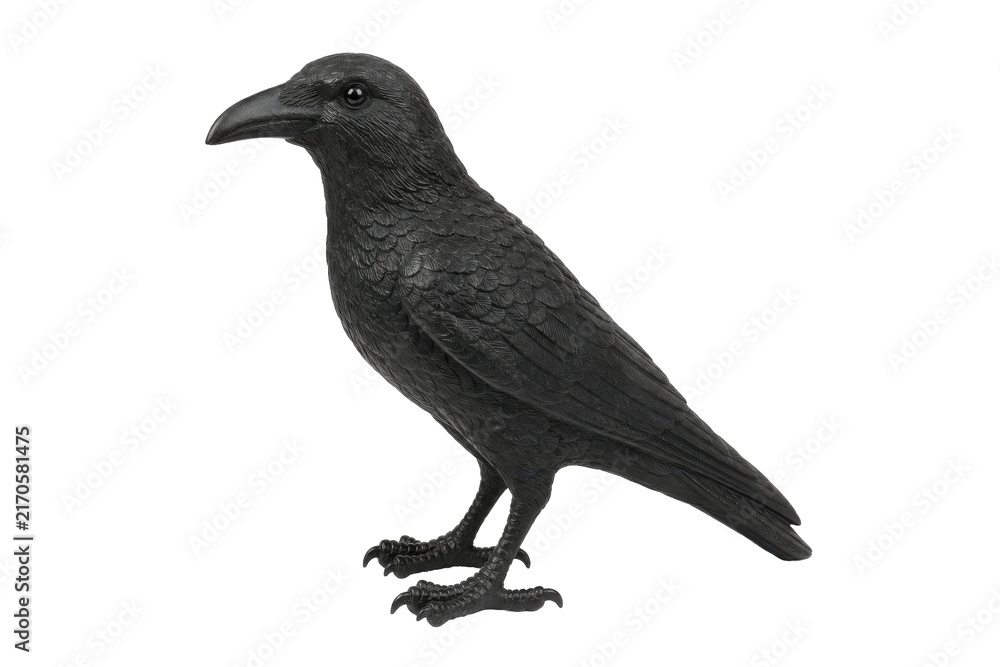 Fototapeta premium Detailed black raven figurine with textured feathers and sharp claws, standing on a clean white background