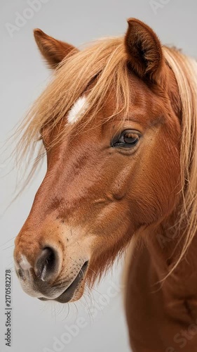 close-up studio video of a handsome brown miniature horse with a thick, blonde textured forelock mane, set against a seamless pure white background