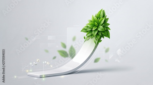 Rising white growth chart arrow curve ending with a cluster of fresh green leaves on a light grey background with data graphics.